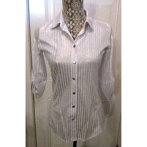 Pure Amici Blouse White Metallic Silver Button Front Top NWT Womens Size XS